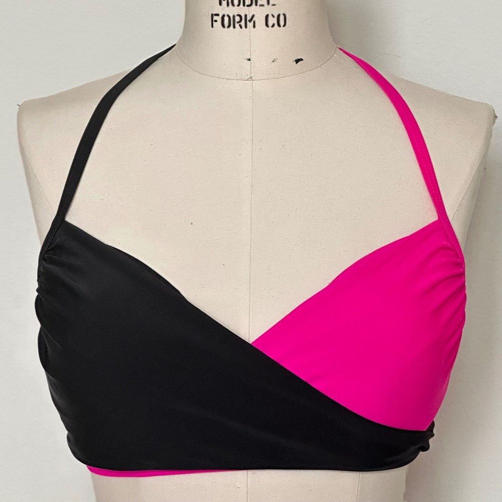 Victoria's Secret The Wrap Halter Bikini Top Pink Black Colorblock‎ 36C 36011274